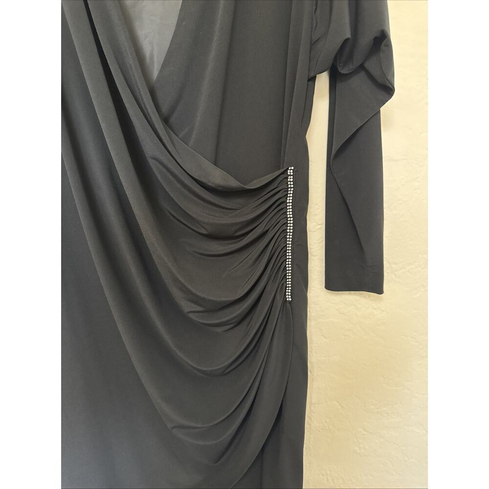 Vtg 80s Neiman Marcus Black Dress Ruched Rhinestones Long Sleeve Shoulder Pads - Picture 4 of 9